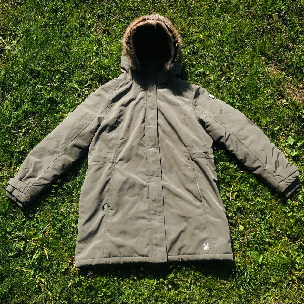 Spyder Explorer Parka Olive Green Jacket with Fur Trim Womens Large